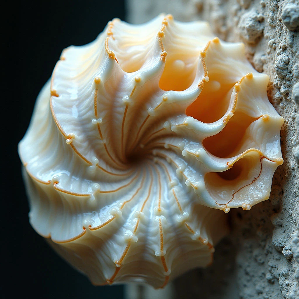 A pale, spiraling shell with delicate ridges and a warm orange interior is prominently displayed. Small bumps line the edges of each ridge, creating a textured appearance against the smooth curves. The shell appears to be attached to a rough, light-colored surface, possibly coral or rock.