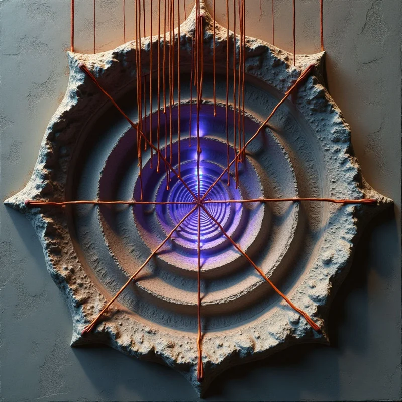 A textured, star-shaped stone relief features concentric circular grooves that recede into a glowing purple center. Thin copper-colored wires extend vertically from the top and crisscross diagonally over the surface, creating a geometric web. The composition is centered against a neutral gray background, with light emanating from the deep central core to illuminate the inner ridges.