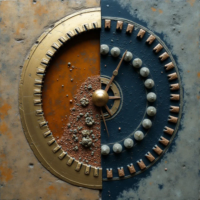 A circular design is split vertically between warm copper tones and cool dark blue hues, set against a textured, weathered metallic background. The composition features concentric rings of raised geometric shapes, spherical studs, and thin linear hands radiating from a central orb. Light catches the metallic surfaces to highlight granular textures and smooth, polished edges throughout the divided space.