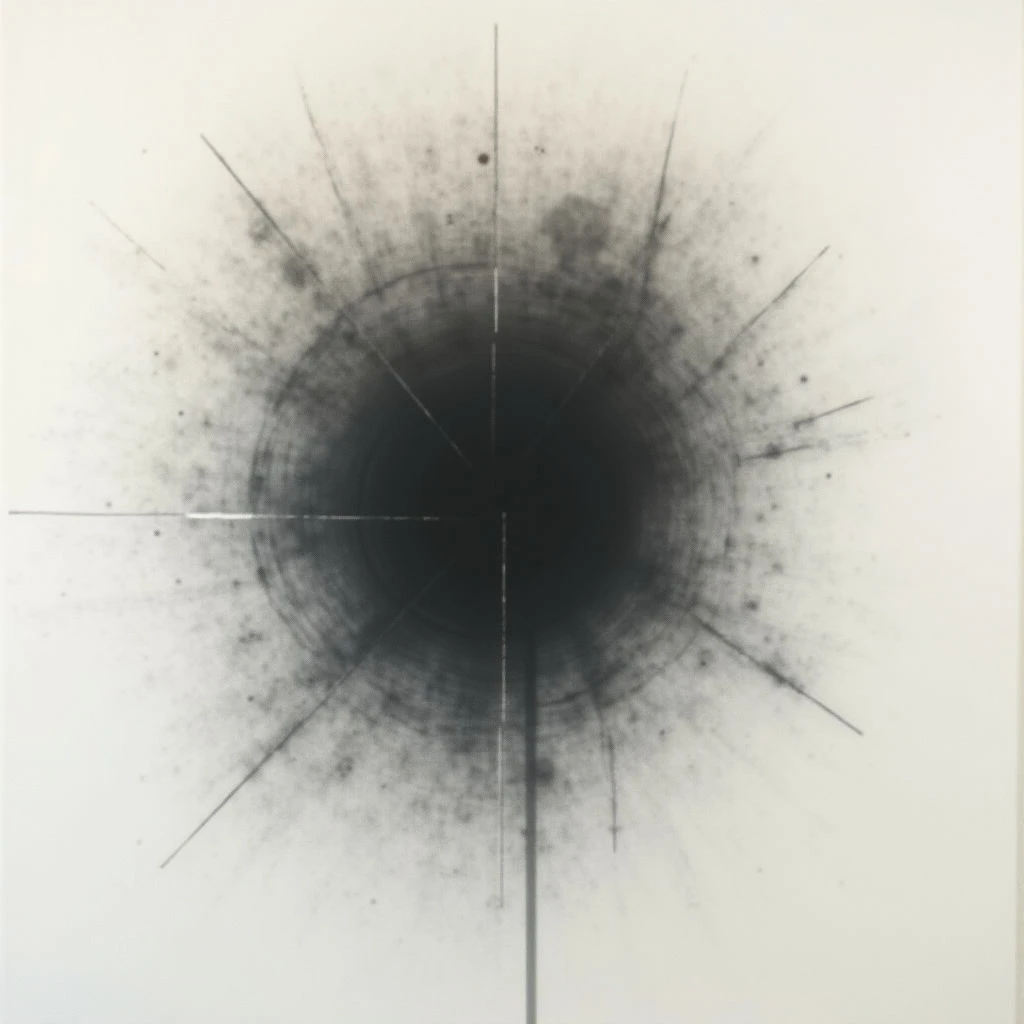 A dark, circular void dominates the center of a white space, appearing to absorb light. Radiating outwards from this darkness are numerous fine lines and smudges, creating an explosive or expanding effect. Thin, straight lines bisect the circle vertically and horizontally, adding structure to the chaotic energy surrounding the central point.