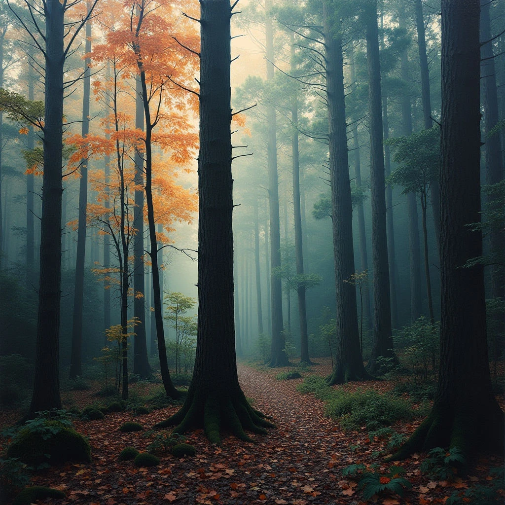 A path winds through a dense forest of tall, dark trees shrouded in mist. A few trees display vibrant orange and yellow autumn foliage, contrasting with the evergreen canopy. Fallen leaves cover the ground, suggesting it is early fall and creating a soft carpet along the trail.