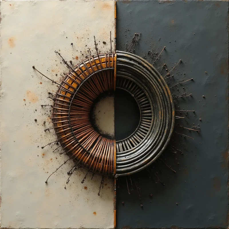 The image is divided vertically into a creamy off-white and a muted charcoal gray field, both with subtly textured surfaces. A circular arrangement of small, dark rods occupies the center, bisected by the dividing line and extending outward with radiating spikes on both sides; these elements create a rough, organic texture contrasting with the smoother backgrounds. Light appears diffuse, highlighting subtle variations in tone across the composition and casting minimal shadows within the central form.