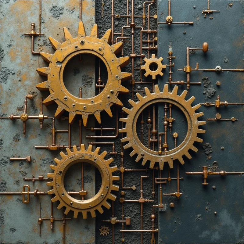 Large golden gears with jagged teeth are layered over a textured background of dark gray and muted blue panels. A network of thin copper pipes and small metallic rods creates a geometric grid that connects the various circular shapes. The lighting is soft and directional, highlighting the weathered, pitted textures of both the metal components and the underlying surfaces.
