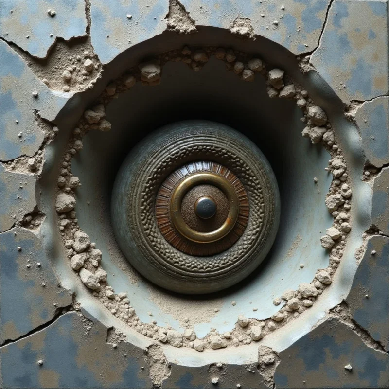 A central, circular metallic object with concentric rings and a dark core is nested within a deep, shadowed cavity. This orb is surrounded by jagged, light-colored rocky fragments that line the edge of a cracked, greyish-blue surface. The composition features a mix of smooth, polished metal textures against rough, granular debris under soft, diffused lighting.