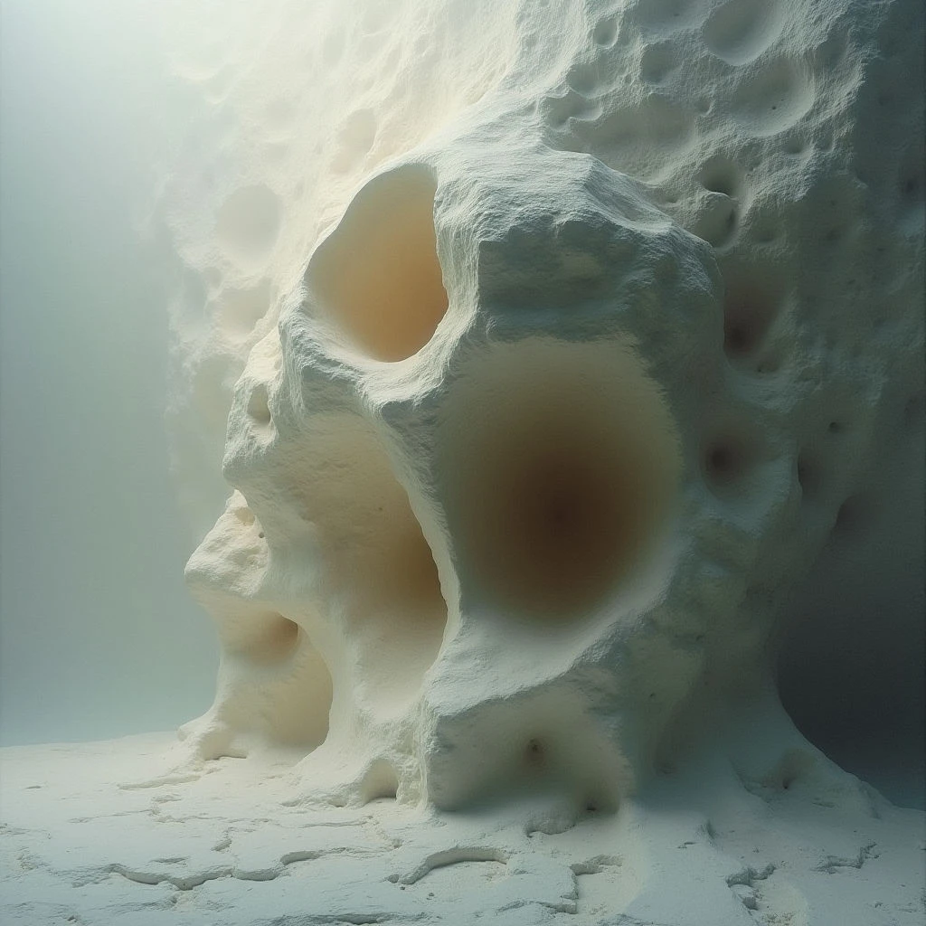 A large, sculpted head emerges from a textured white surface, resembling stone or ice. Hollowed cavities and organic shapes define the face’s features, with warm light glowing from within its depths. The surrounding environment is similarly pale and indistinct, creating an ethereal and cavernous atmosphere.