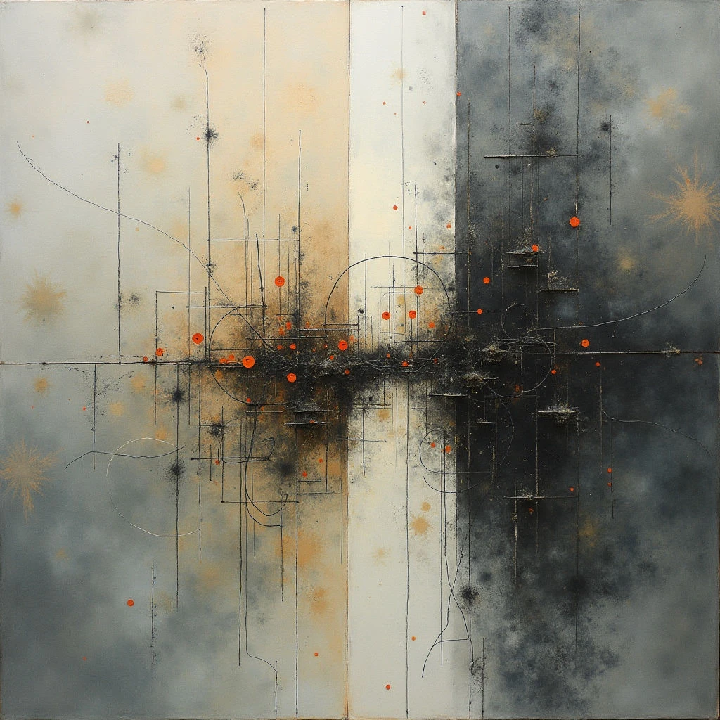 The image depicts an abstract composition divided into light and dark halves by a central, chaotic band of color. Thin lines and small orange dots are scattered across the surface, appearing to converge at the dividing line with bursts of golden spray-like shapes in the corners. The overall effect is one of energy and tension between opposing forces, rendered in muted tones with subtle textural variations.