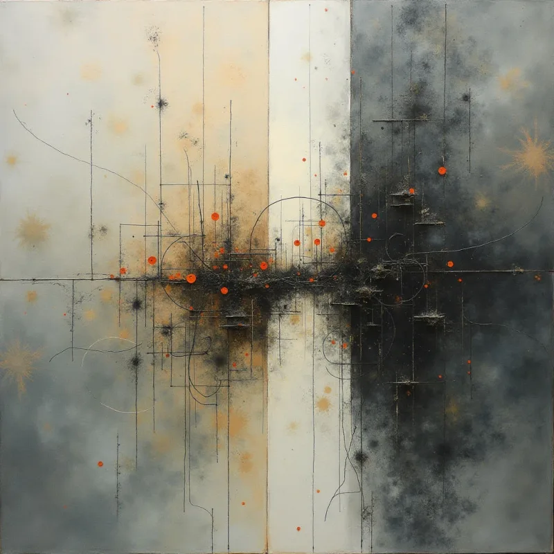 The image depicts an abstract composition divided into light and dark halves by a central, chaotic band of color. Thin lines and small orange dots are scattered across the surface, appearing to converge at the dividing line with bursts of golden spray-like shapes in the corners. The overall effect is one of energy and tension between opposing forces, rendered in muted tones with subtle textural variations.