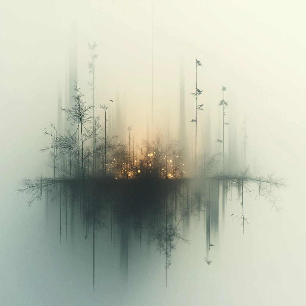 A small island of bare trees is centered in a thick, pale fog, with glowing lights nestled amongst the branches. The water surrounding the island perfectly mirrors the trees and their reflections, creating a symmetrical, ghostly image. A few birds are scattered throughout the scene, adding to the quiet stillness.