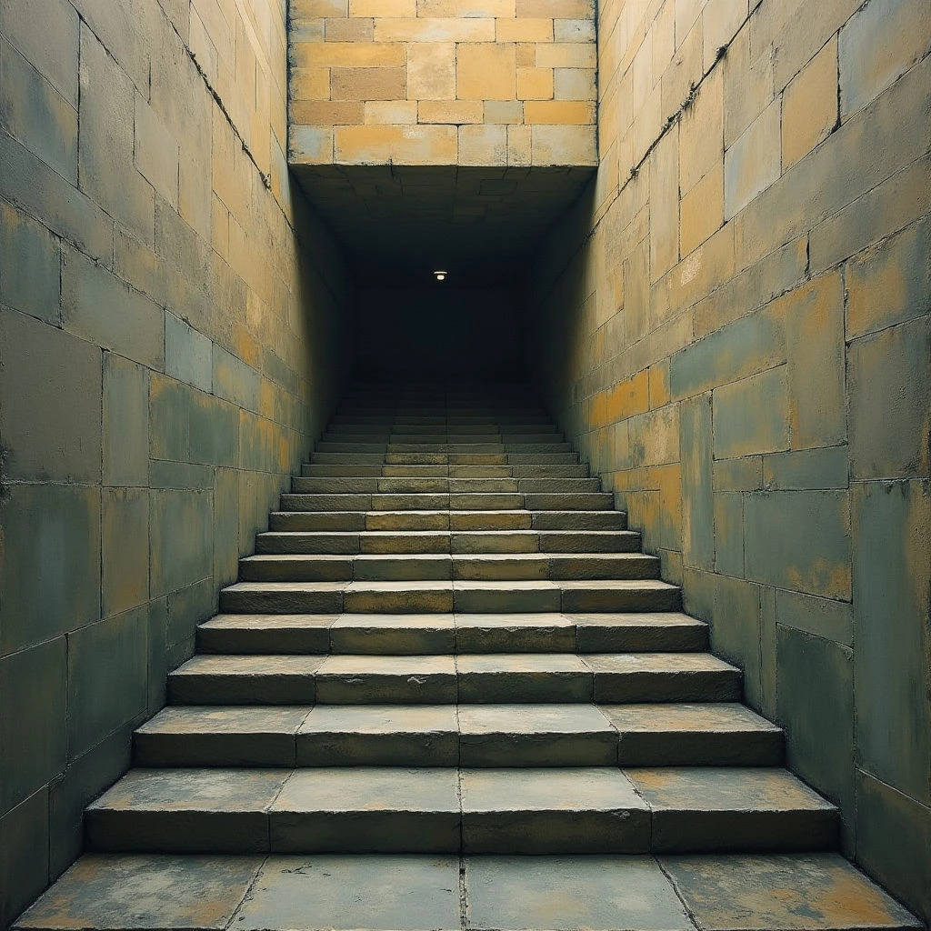 The image features a symmetrical arrangement of stone steps leading upwards into darkness, flanked by textured walls constructed from large rectangular blocks. Colors are primarily muted earth tones—grays, ochres, and faded yellows—with a gradient effect where the upper reaches of the scene darken considerably. Light sources appear to be above and behind the viewer, creating strong shadows on the steps and highlighting the rough surface of the stone while defining a central vanishing point.