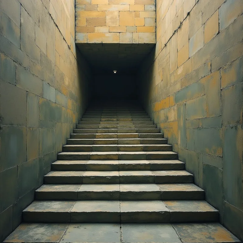 The image features a symmetrical arrangement of stone steps leading upwards into darkness, flanked by textured walls constructed from large rectangular blocks. Colors are primarily muted earth tones—grays, ochres, and faded yellows—with a gradient effect where the upper reaches of the scene darken considerably. Light sources appear to be above and behind the viewer, creating strong shadows on the steps and highlighting the rough surface of the stone while defining a central vanishing point.