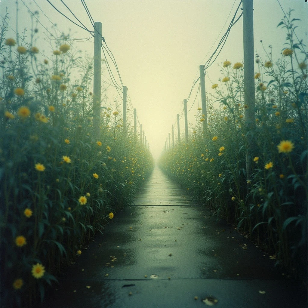 A long, wet road stretches into a hazy distance, flanked on both sides by tall grasses and bright yellow wildflowers. Utility poles with wires overhead line the path, disappearing into the fog. The overall tone is muted and dreamlike, suggesting stillness and perhaps isolation.