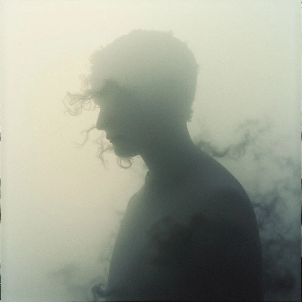 A person with curly hair is shown in profile, their form largely obscured by a thick fog or haze. The figure appears to be looking downwards and slightly to the right, lost in thought or contemplation. Wisps of what could be smoke or branches are visible within the swirling mist around them.