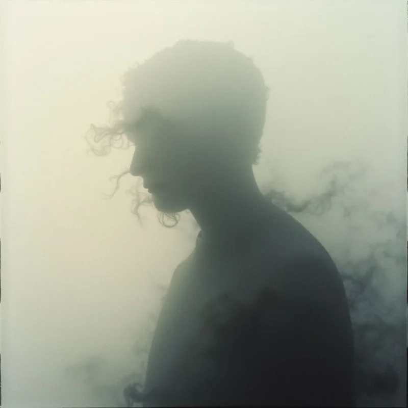 A person with curly hair is shown in profile, their form largely obscured by a thick fog or haze. The figure appears to be looking downwards and slightly to the right, lost in thought or contemplation. Wisps of what could be smoke or branches are visible within the swirling mist around them.