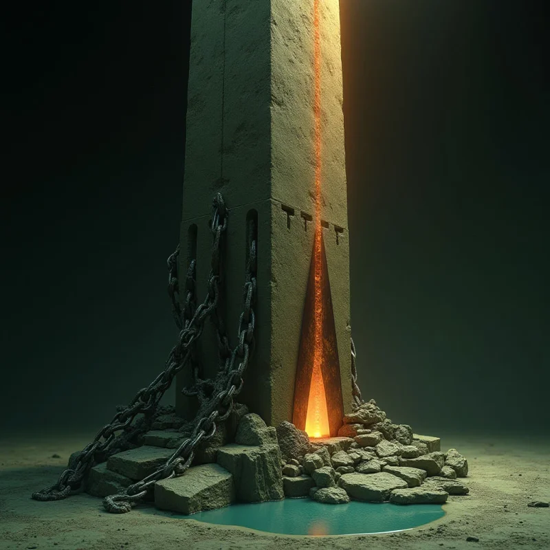 A tall, rectangular stone monolith stands centrally, split by a vertical fissure emitting a warm, glowing orange light. Dark metal chains wrap around the textured gray pillar, which sits atop a rugged pile of broken stones and a small pool of still water. The composition is set against a dark, muted background with soft lighting that highlights the rough surfaces of the rock and metal.