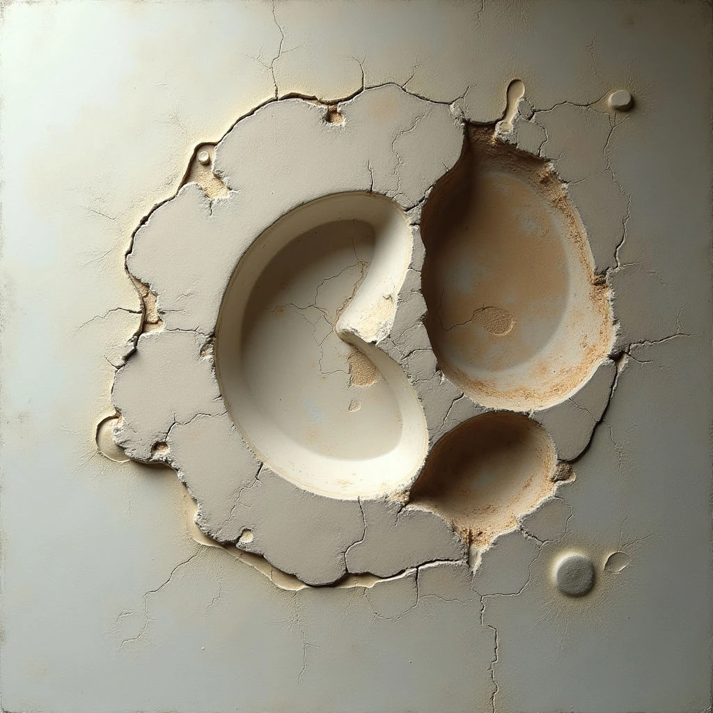 A cracked, pale surface reveals the fragmented remains of a face beneath. The eyes and mouth are visible as hollowed-out shapes within the broken plaster or clay, suggesting decay or destruction. Small protrusions and further fissures cover the surrounding area, emphasizing the fragility of what remains.