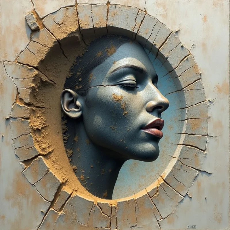 A profile of a dark-toned face is framed within a circular, crater-like opening in a pale, textured wall. The composition features smooth skin surfaces contrasted against rough, sandy textures and jagged cracks that radiate from the central void. Light enters from the side, casting soft shadows across the facial features and highlighting the granular debris scattered throughout the scene.