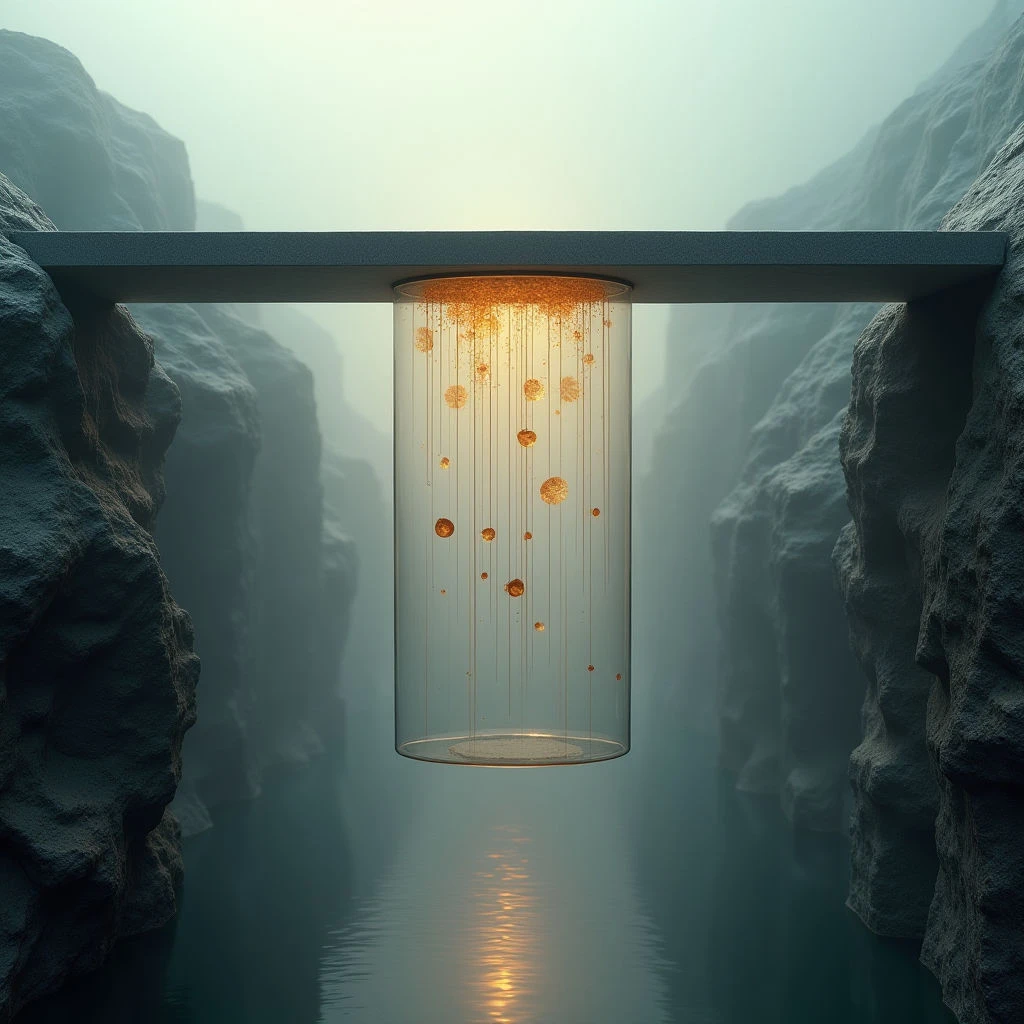 The image features a predominantly cool color palette of grays and muted blues, contrasted by warm golden tones emanating from within a central cylindrical form. Rough, jagged rock textures define the surrounding canyon walls, while smooth surfaces characterize the horizontal bridge and the glass cylinder suspended beneath it; the water below reflects the golden light. Spatial relationships emphasize depth with receding cliffs framing the illuminated volume, which hangs vertically between the bridge’s plane and the water surface.