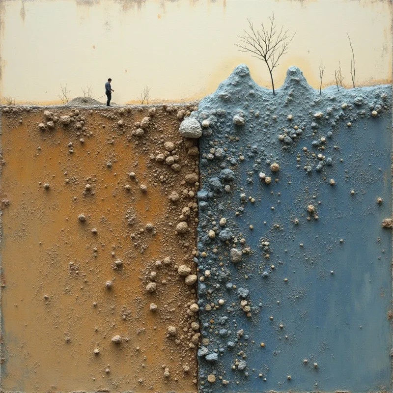 A vertical division separates a textured ochre section from a blue section, both filled with raised, granular bumps and rocky protrusions. A small dark silhouette of a person stands on the flat horizon line above the ochre side, while spindly, leafless trees rise from the uneven blue terrain. The scene is set against a pale, washed-out sky that provides a soft, uniform light across the composition.