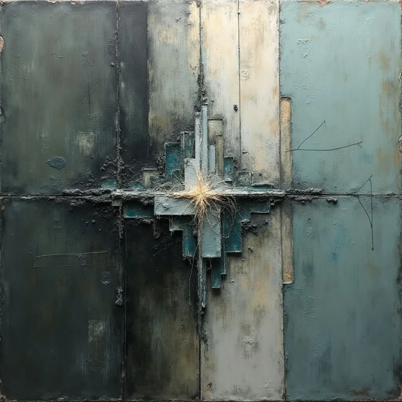 Vertical rectangular panels in shades of charcoal, muted teal, and off-white form a background of varying weathered textures. A central, stepped geometric cluster of dark blue-green blocks radiates outward from a focal point of fine, tangled straw-like fibers. The composition is defined by a play of light that emphasizes the rough, layered surfaces and the contrast between flat planes and protruding shapes.