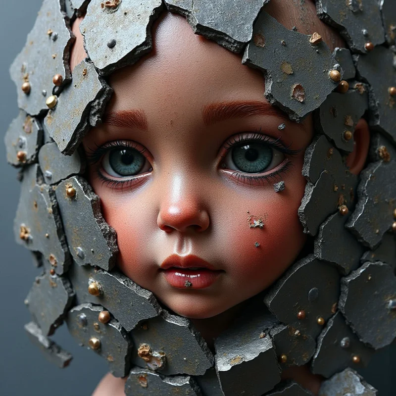 A youthful face with smooth, peach-toned skin and large teal eyes is framed by jagged, dark grey stone fragments. The coarse, matte texture of the broken rock contrasts with the soft, luminous surface of the facial features and the glint of small gold flecks scattered across both elements. Light falls softly from the front, creating gentle shadows that define the contours of the face within the irregular, fractured opening.