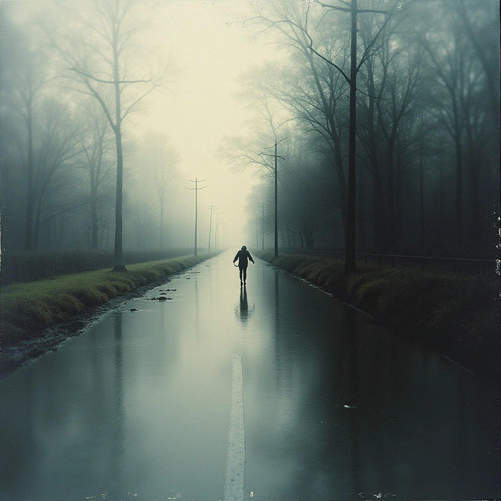 A lone figure walks down a long, wet road flanked by bare trees shrouded in thick fog. The pavement reflects the person’s silhouette and the pale light filtering through the mist, creating an eerie symmetry. Power lines stretch into the distance, disappearing within the gloom of the landscape.