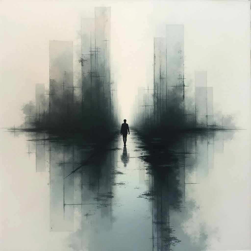 A lone figure walks toward a distant, bright light between shadowy, towering structures. The entire scene is reflected in a still body of water, creating a mirrored and ethereal landscape. A sense of isolation and quiet contemplation pervades the misty environment.