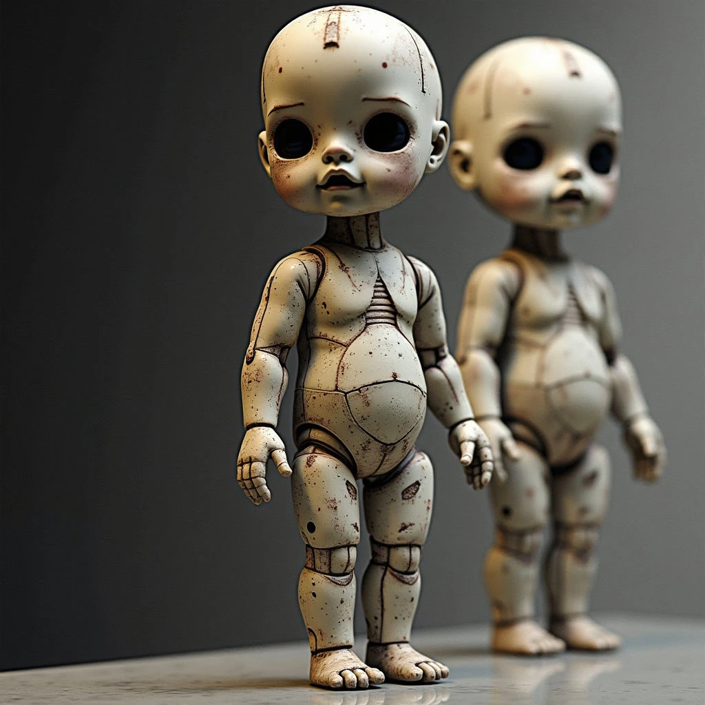 Two unsettling porcelain dolls stand on a reflective surface against a dark gray background. They have large, black eyes and vaguely smiling expressions, but their bodies are segmented like articulated figures with visible seams and markings. A distressed, aged quality covers both dolls’ surfaces, giving them an eerie appearance.