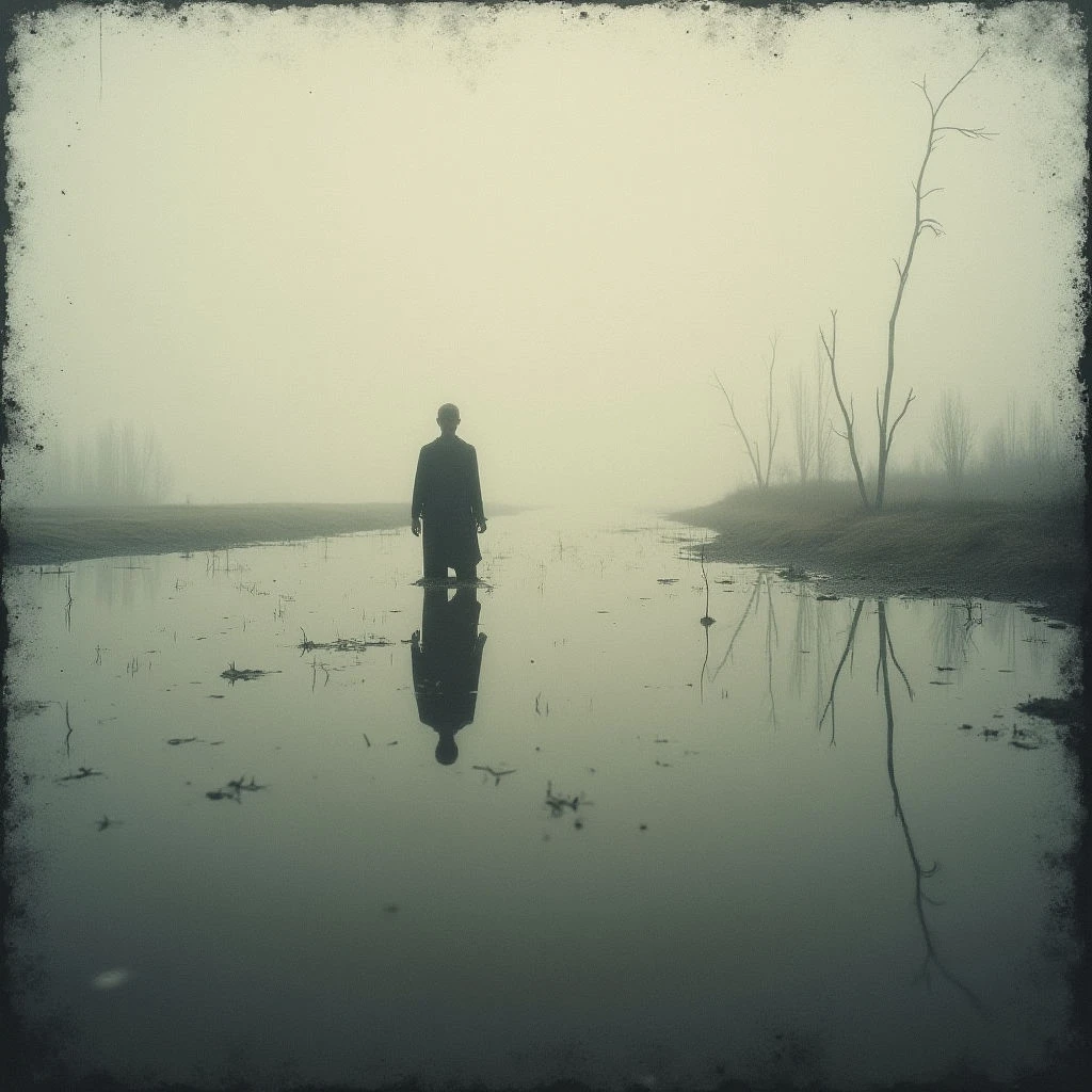 A lone figure stands in shallow water, facing away from the viewer amidst a thick fog. Their reflection is clearly visible in the still, dark surface of the water, which is scattered with debris. Bare trees loom indistinctly on the horizon, adding to the scene’s desolate and melancholic atmosphere.