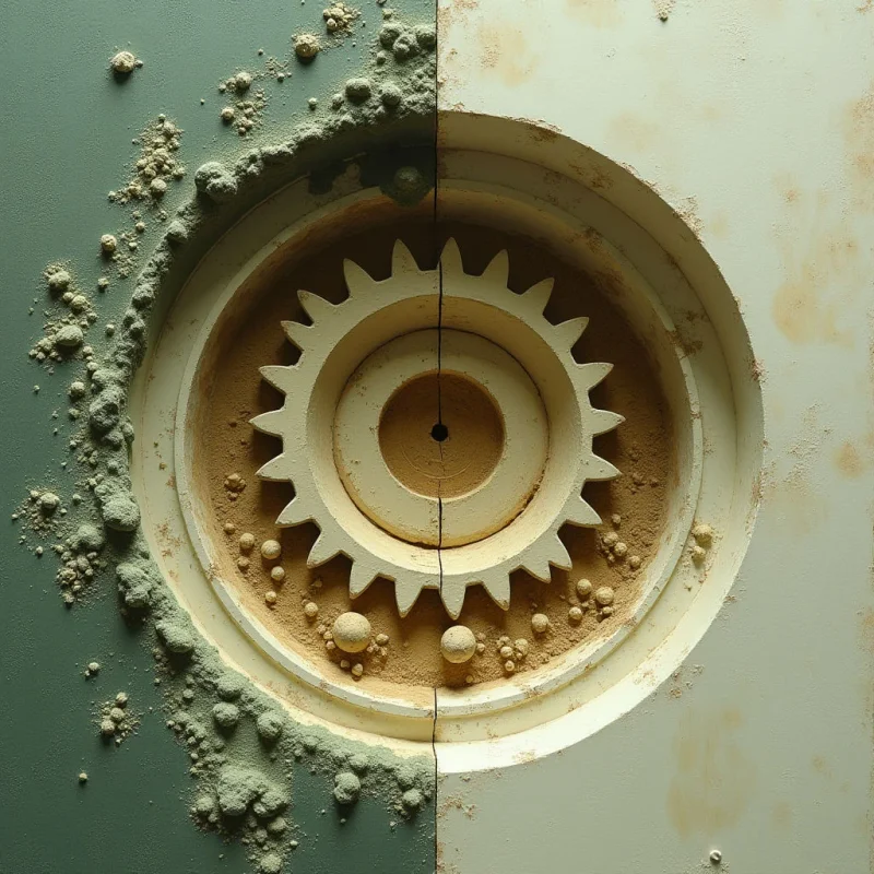 A large gear is centered within a circular indentation on a split-colored surface of muted sage green and pale cream. The composition features heavy, granular textures resembling sand or dust scattered across the left side and nestled within the recessed grooves. Light falls evenly across the scene, emphasizing the geometric interplay between the sharp teeth of the gear and the soft, organic clusters of debris.