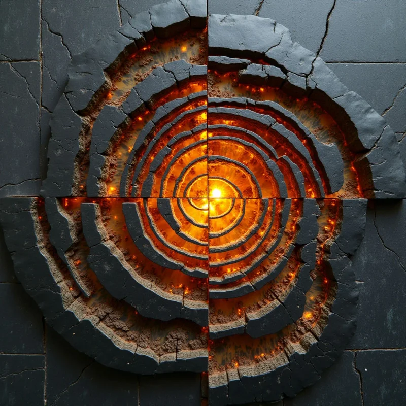 Concentric, jagged rings of dark, textured stone descend into a central core of glowing orange and yellow light. The composition is divided by vertical and horizontal seams, creating a segmented grid pattern across the matte charcoal surface. Bright, molten light radiates from the center, casting an inner glow that highlights the rough, granular textures of the recessed layers.