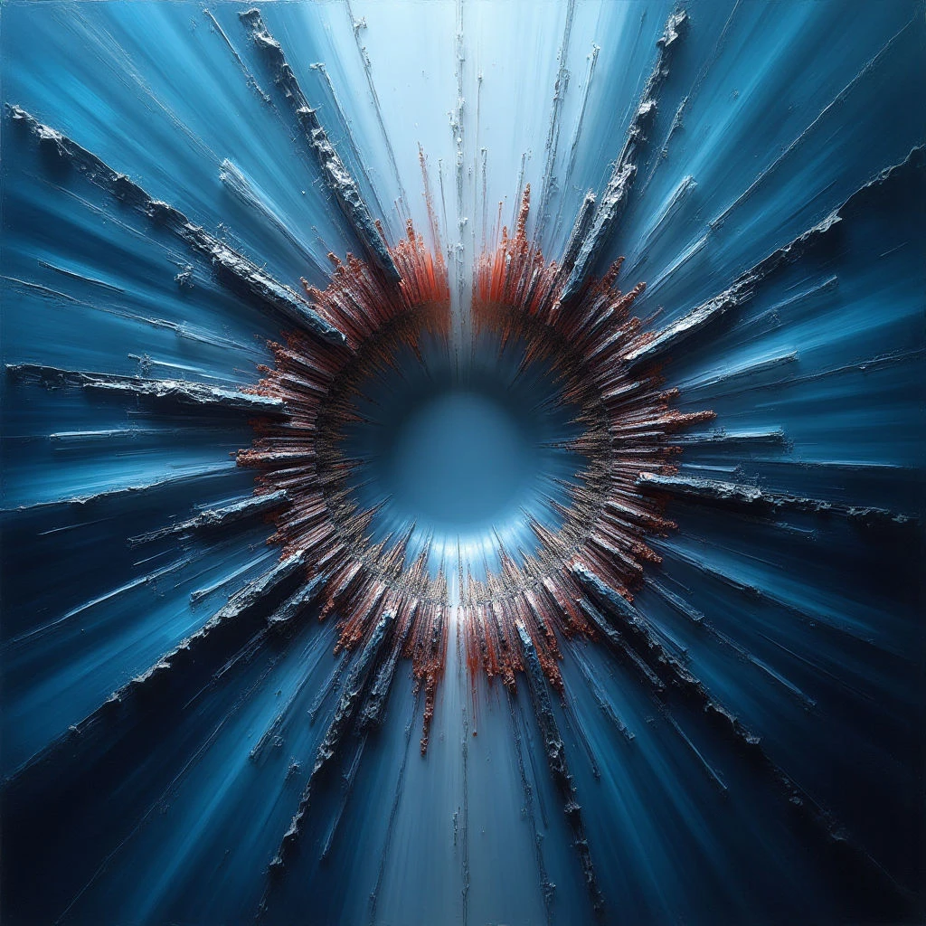 A dark blue vortex draws the eye inward, surrounded by radiating lines of textured material. The central opening is a lighter shade of blue, while bursts of reddish-brown punctuate the inner edges of the swirling pattern. The overall effect suggests energy and movement emanating from a single point.