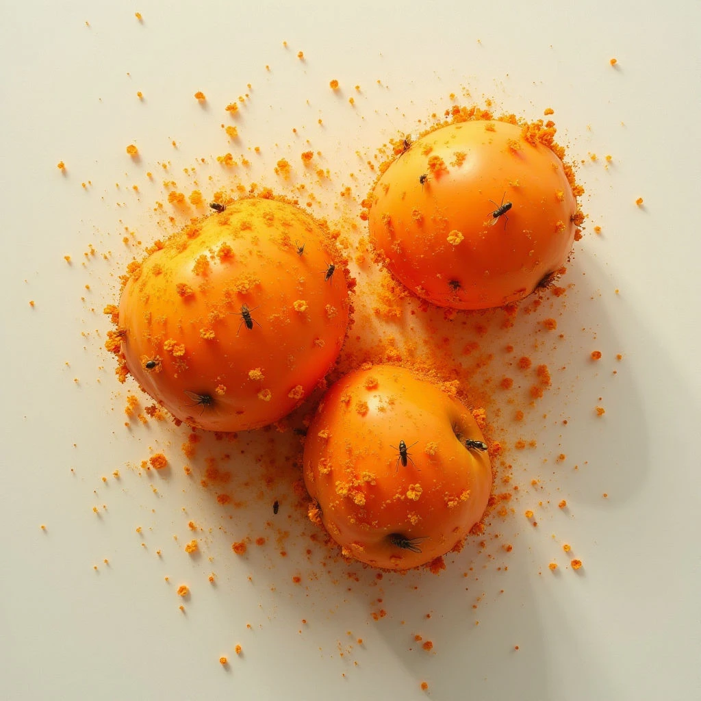 Three bright orange tomatoes sit clustered together on a pale surface, each covered in small flecks of the same color. Several flies are visible on and around the fruit, suggesting decay or overripeness. The scene is unsettlingly vibrant despite its implication of spoilage.