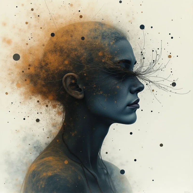 The image features a profile portrait of a figure with skin tones ranging from deep blue to charcoal gray, contrasted by warm ochre and brown hues concentrated around the head and shoulders. A textured, cloud-like effect emanates from the hair area, dissolving into scattered dark spots across a pale background. The subject is positioned in isolation against an undefined space, illuminated by soft light that highlights facial features while casting shadows along the neck and body.
