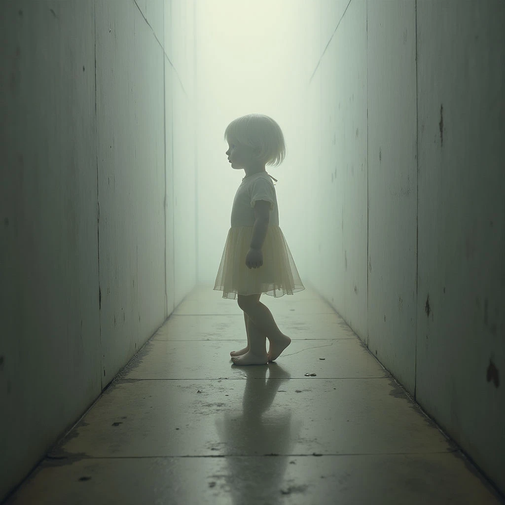 A small child in a pale dress stands alone in a long, narrow hallway with smooth, grey walls. A hazy mist fills the space, obscuring the far end and creating an isolating atmosphere. The child appears lost or contemplative as they gaze into the distance, their small form dwarfed by the architecture around them.
