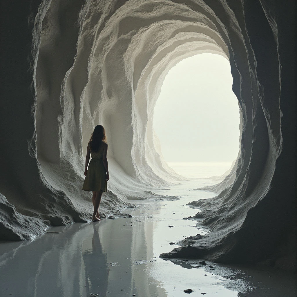 A lone figure stands at the end of a long, winding cave tunnel. Light streams in from the opening ahead, illuminating a wet, rocky floor that reflects her silhouette. She faces toward the brightness, seemingly contemplating a journey forward.