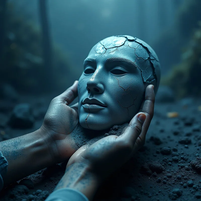 A pale, cracked mask with smooth features is held by two hands against a dark, granular ground. The color palette is monochromatic, dominated by cool blue and slate tones that create a somber atmosphere. Soft, diffused light illuminates the textures of the crumbling mask and the coarse soil while blurring the background into deep shadows.