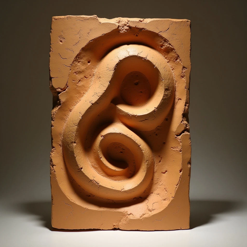 The piece is primarily a warm terracotta color with variations in shade suggesting depth and texture. Rough, uneven surfaces contrast with smooth, rounded indentations forming three interconnected loop shapes within a rectangular block. Light falls from the upper left, creating shadows that emphasize the relief and define the spatial relationships between the forms and the surrounding material.