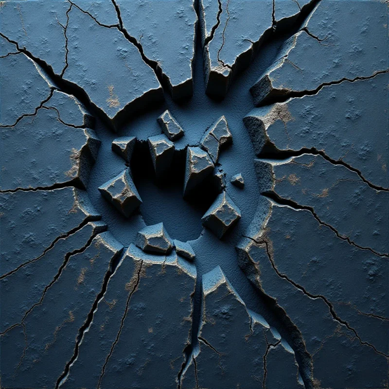 A dark blue, textured surface features a central jagged crater from which irregular cracks radiate outward toward the edges. The composition is defined by sharp, angular shapes and deep shadows within the crevices, creating a sense of depth against the matte background. Light hits the raised edges of the fractures, highlighting granular textures and subtle brownish tones along the broken surfaces.