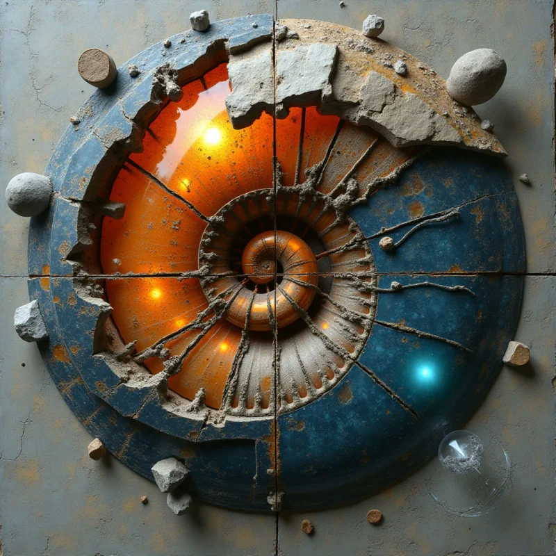 A circular composition features a central spiral motif divided between warm amber tones and cool blue hues. Jagged, sandy textures and broken stone fragments frame the glowing interior, creating a sense of depth against a flat, neutral gray background. Radiating lines and scattered rocky shapes intersect with the swirling patterns to establish a complex spatial relationship between light and shadow.