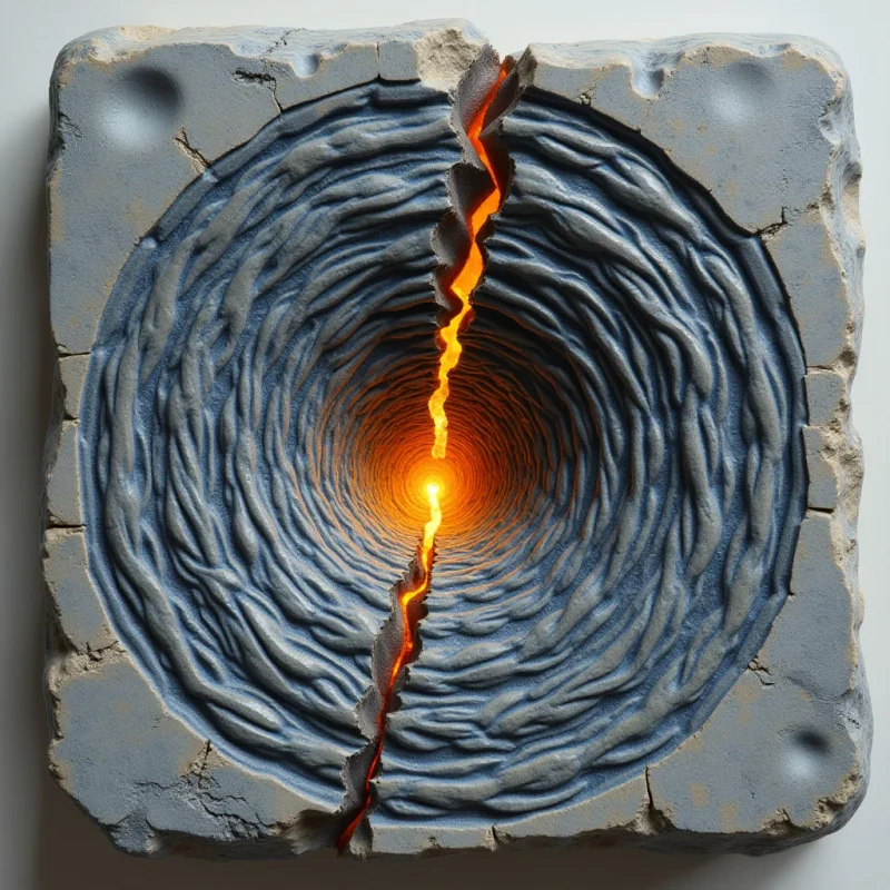 A circular, swirling vortex of textured grey stone is split by a jagged fissure that glows with intense orange and yellow light at its center. The rough, matte surface of the outer stone contrasts with the smooth, luminous energy emanating from the deep crevice. This bright central light creates a sense of depth, drawing the eye into the recessed core of the spiral formation.