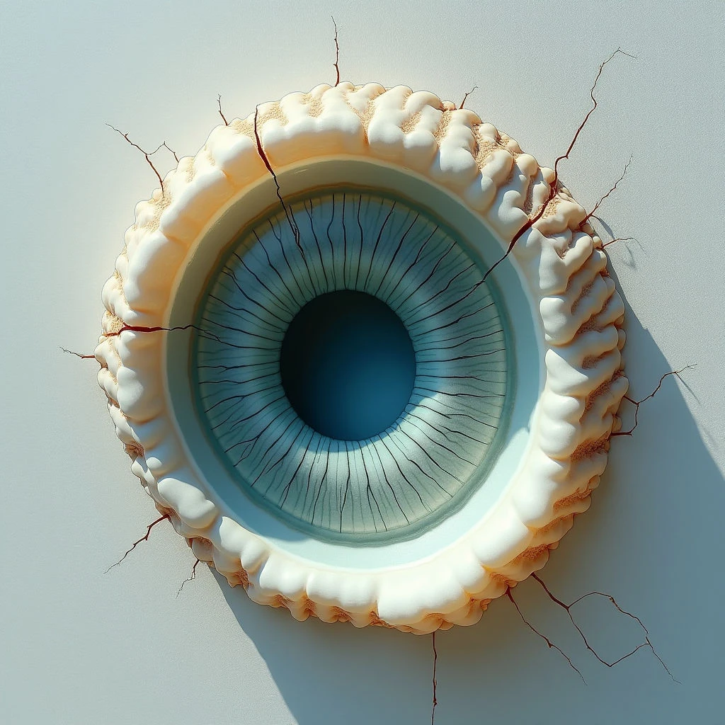 The image features a circular form resembling an eye, with concentric rings of pale yellow and blue tones radiating from a dark central pupil. The outer ring exhibits a bumpy, organic texture contrasted by smooth surfaces within the inner circles and fine linear details suggesting veins or cracks emanating outwards.  Strong directional light casts shadows to the lower right, emphasizing the three-dimensional form against a flat, muted blue background; thin red lines fracture the surface of the shape, spreading across the backdrop.