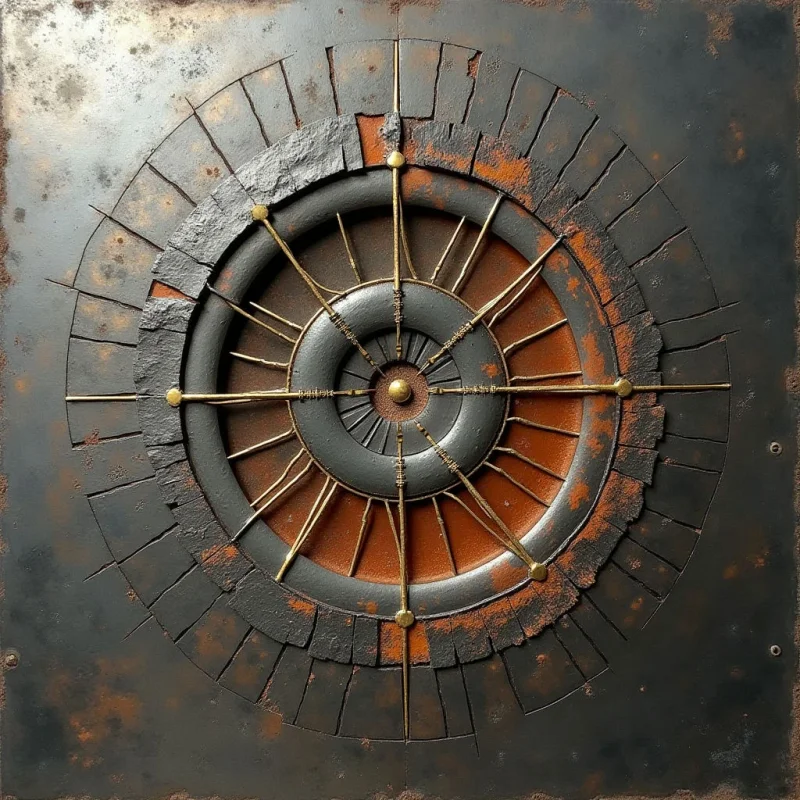 A central circular hub with radiating golden spokes is surrounded by concentric rings of dark, textured stone and weathered metal. The composition features a palette of charcoal grey, rusted orange, and metallic gold, arranged in a radial pattern. Light catches the raised edges of the geometric shapes and the pitted surfaces of the materials, creating depth against the flat background.