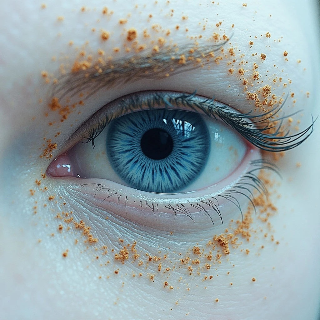 The image focuses on a single blue eye with radial patterns emanating from a dark pupil, set against pale skin. Fine, granular particles of a golden-brown hue are scattered across the surface and around the eyelashes and brow. Soft light highlights the curves of the eyelid and creates subtle shadows, while the overall spatial arrangement is a close-up view emphasizing texture and detail.