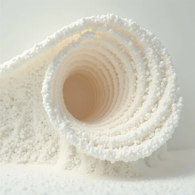 A swirling, spiral structure composed of small, white spherical granules forms a deep, hollow tunnel. The monochromatic white composition features a granular texture that transitions into smooth, shadowed curves within the central void. Soft light creates subtle gradients of cream and grey, defining the depth and layered spatial relationship of the coiled form.