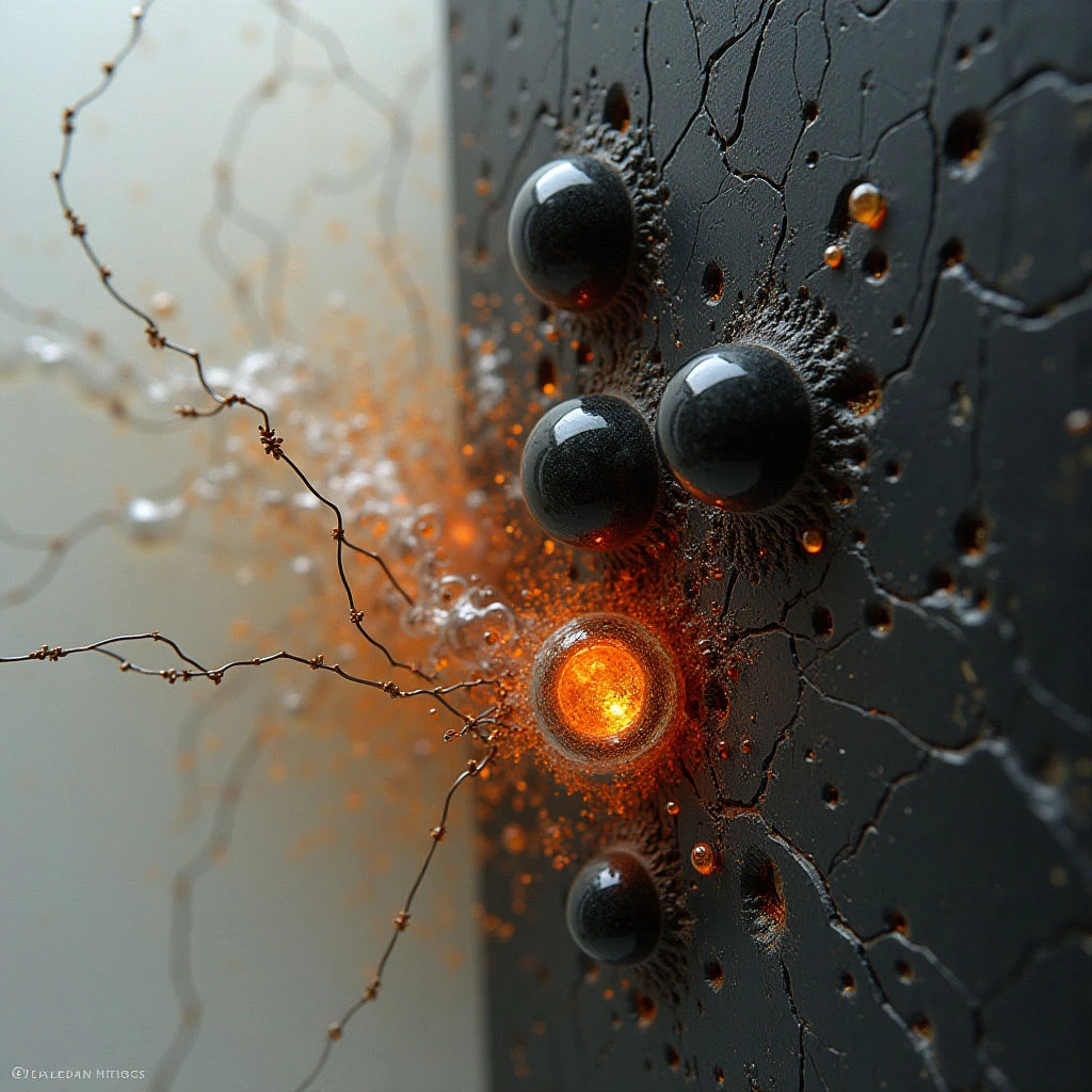 The image is divided into two distinct sections – a pale grey, translucent area and a dark, textured black surface. Orange glows emanate from points of contact between delicate, branching structures extending from the left side towards the right, with varying intensities suggesting energy or impact. Spherical forms are clustered on the black section, appearing glossy and reflective, while both surfaces exhibit small, scattered particles that create visual depth and a sense of granularity.