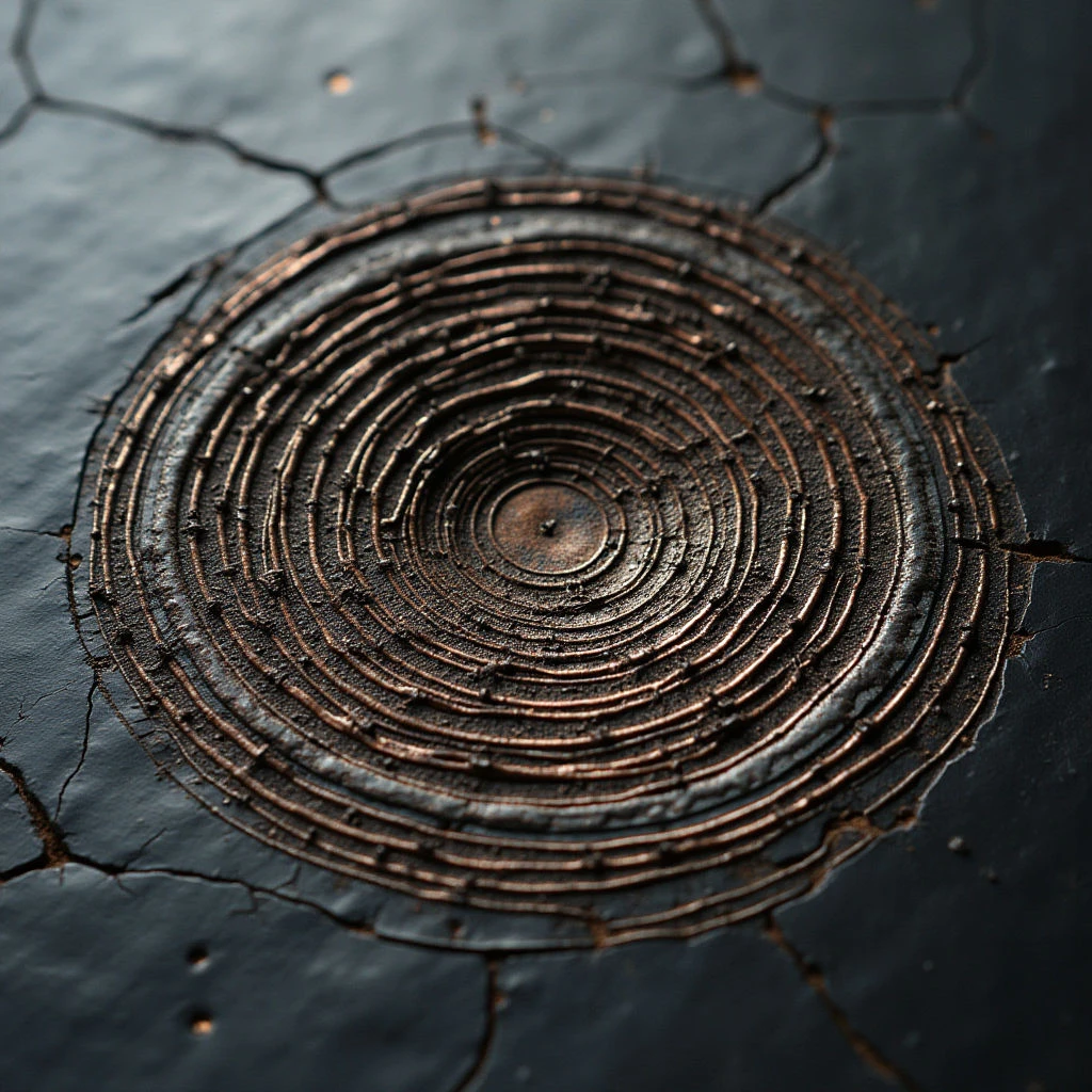 The image features a central circular form composed of layered, textured rings in shades of brown and bronze against a dark, cracked background. The rings vary in thickness and appear to be constructed from small, irregular pieces, creating a rough, organic texture that contrasts with the smooth, fractured surface surrounding it. Light highlights the raised edges of the rings, emphasizing their depth and casting shadows within the concentric patterns, while the overall spatial arrangement suggests the central form is slightly recessed into the darker plane.