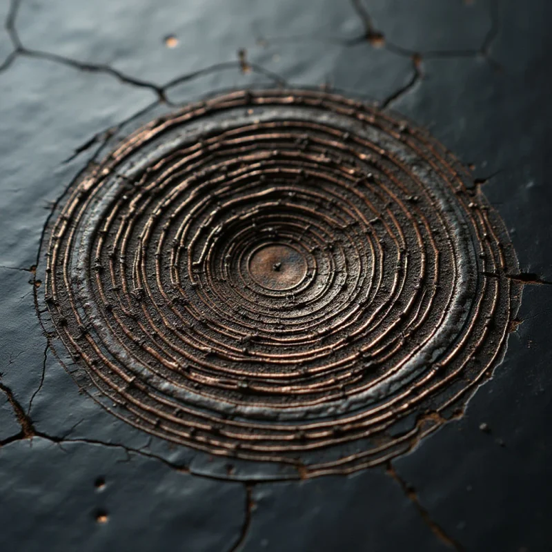 The image features a central circular form composed of layered, textured rings in shades of brown and bronze against a dark, cracked background. The rings vary in thickness and appear to be constructed from small, irregular pieces, creating a rough, organic texture that contrasts with the smooth, fractured surface surrounding it. Light highlights the raised edges of the rings, emphasizing their depth and casting shadows within the concentric patterns, while the overall spatial arrangement suggests the central form is slightly recessed into the darker plane.