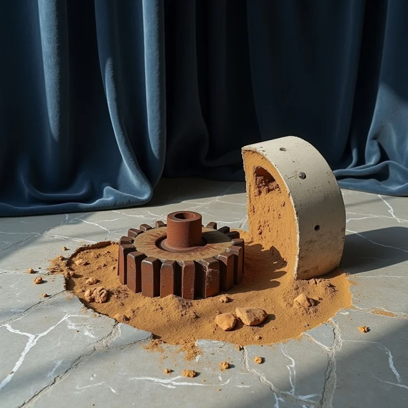 A dark blue fabric with soft folds serves as a backdrop for a composition featuring a brown gear and a segment of a concrete cylinder resting in a mound of fine ochre sand. The scene is illuminated by strong directional light that casts deep shadows across the textured sand and the cracked, grey stone surface below. The circular shapes of the mechanical components contrast with the irregular, granular texture of the earth and the flowing lines of the background drapery.