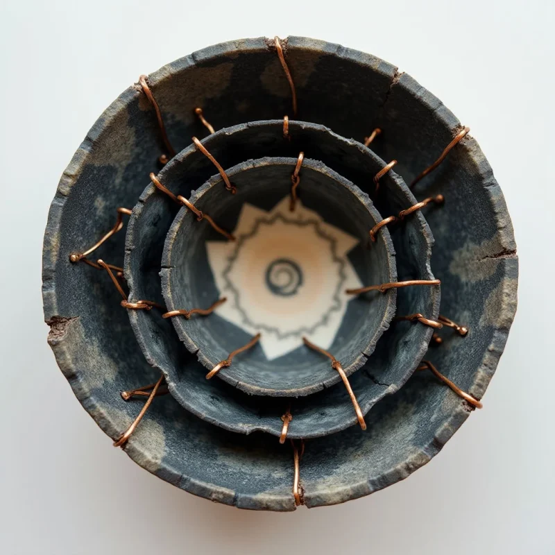Nested circular vessels feature dark, charcoal-colored surfaces with rough, stone-like textures and irregular, jagged edges. Coiled copper wires wrap around the rims of each container, creating a rhythmic pattern of metallic lines that bridge the concentric layers. A bright, central light illuminates a white interior decorated with a soft, grey spiral shape, contrasting against the heavy, dark tones of the outer bowls.