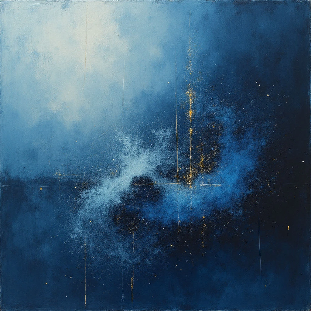 The image is dominated by shades of blue, ranging from pale sky tones to deep indigo, with scattered flecks of gold throughout. Textures appear soft and blended, creating a cloud-like effect punctuated by areas of darker density, particularly in the lower center. Thin, straight lines of gold intersect vertically across the composition, suggesting depth within the expansive field of color.